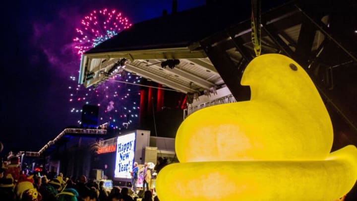 The PEEPS® Chick rings in the new year at the 7th annual PEEPSFEST® at SteelStacks Thursday, December 31, 2015 in Bethlehem, Pennsylvania. The annual 2-day festival consists of family-friendly activities and a PEEPS® Chick Drop along with fireworks at dusk. Jeff Fusco/AP Images for Just Born Quality Confections