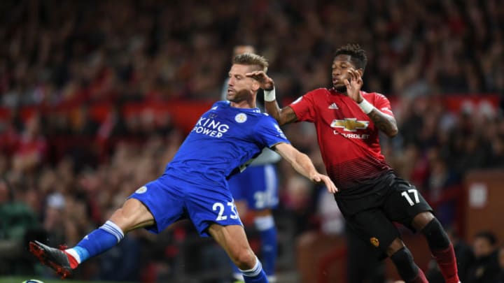 MANCHESTER, ENGLAND - AUGUST 10: Adrien Silva of Leicester City battles for possession with Fred of Manchester United during the Premier League match between Manchester United and Leicester City at Old Trafford on August 10, 2018 in Manchester, United Kingdom. (Photo by Michael Regan/Getty Images)