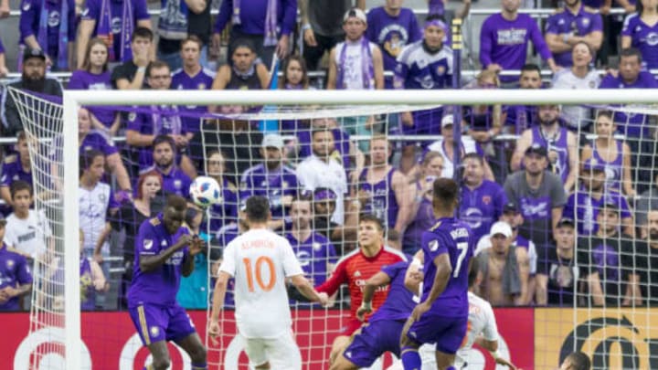 ORLANDO, FL – MAY 13: Atlanta United defender Greg Garza (4) scores a goal for Atlanta during the MLS soccer match between the Orlando City and the Atlanta United on May 13th, 2018 at Orlando City Stadium in Orlando, FL. (Photo by Andrew Bershaw/Icon Sportswire via Getty Images)