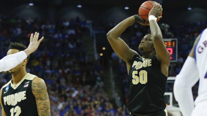 Mar 23, 2017; Kansas City, MO, USA; Purdue Boilermakers forward Caleb Swanigan (50) shoots during the second half against the Kansas Jayhawks in the semifinals of the midwest Regional of the 2017 NCAA Tournament at Sprint Center. Mandatory Credit: Jay Biggerstaff-USA TODAY Sports