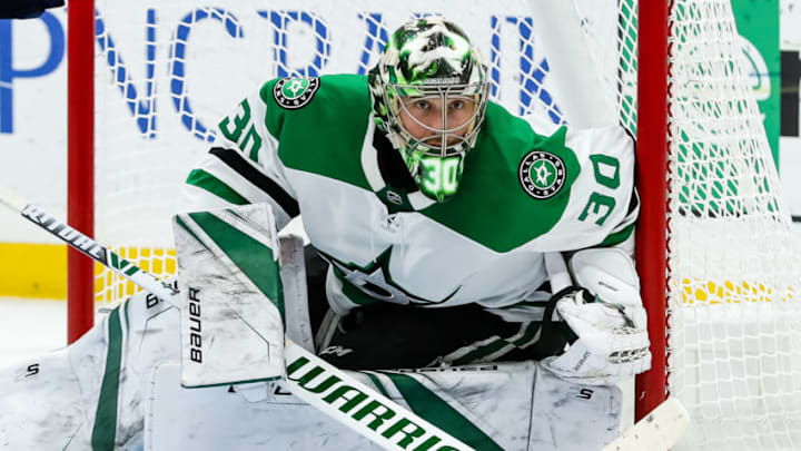 ST. LOUIS, MO - JANUARY 08: Dallas Stars goaltender Ben Bishop (30) gets low and follows the puck during the second period of an NHL hockey game between the St. Louis Blues and the Dallas Stars on January 8, 2019, at the Enterprise Center in St. Louis, MO. (Photo by Tim Spyers/Icon Sportswire via Getty Images)