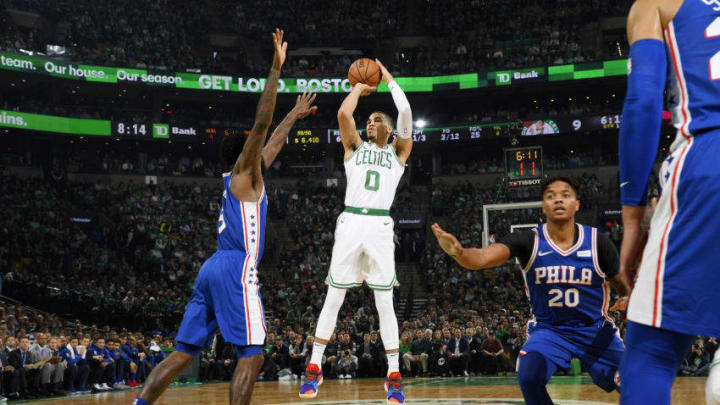 BOSTON, MA - OCTOBER 16: Jayson Tatum #0 of the Boston Celtics shoots the ball against the Philadelphia 76ers on October 16, 2018 at the TD Garden in Boston, Massachusetts. NOTE TO USER: User expressly acknowledges and agrees that, by downloading and or using this photograph, User is consenting to the terms and conditions of the Getty Images License Agreement. Mandatory Copyright Notice: Copyright 2018 NBAE (Photo by Brian Babineau/NBAE via Getty Images)