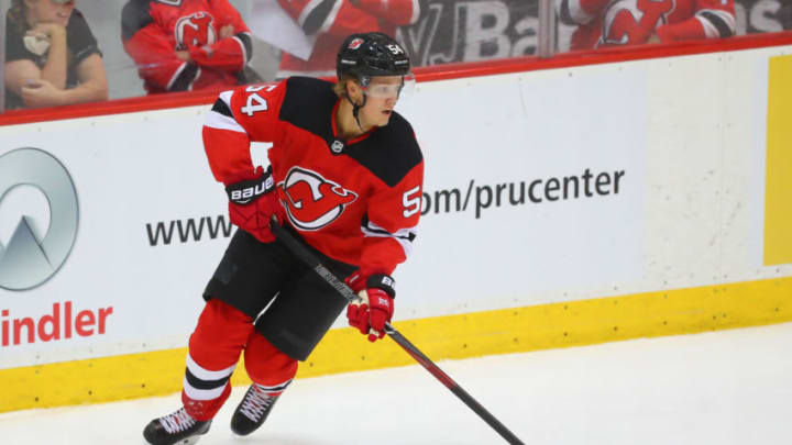 NEWARK, NJ - JULY 14: New Jersey Devils forward Jesper Boqvist (54) skates during the New Jersey Devils Development Camp on July 14, 2018 at the Prudential Center in Newark, NJ. (Photo by Rich Graessle/Icon Sportswire via Getty Images)