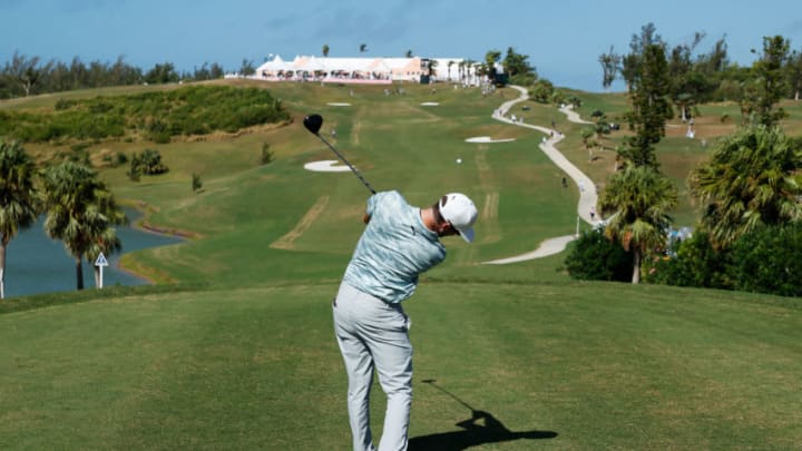 SOUTHAMPTON, BERMUDA - OCTOBER 30: Chris Baker of the United States plays his shot from the 18th tee during the second round of the Bermuda Championship at Port Royal Golf Course on October 30, 2020 in Southampton, Bermuda. (Photo by Gregory Shamus/Getty Images)