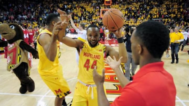 Feb 24, 2015; College Park, MD, USA; Maryland Terrapins guard Dez Wells (44) celebrates after beating the Wisconsin Badgers 59-53 at Xfinity Center. Mandatory Credit: Evan Habeeb-USA TODAY Sports