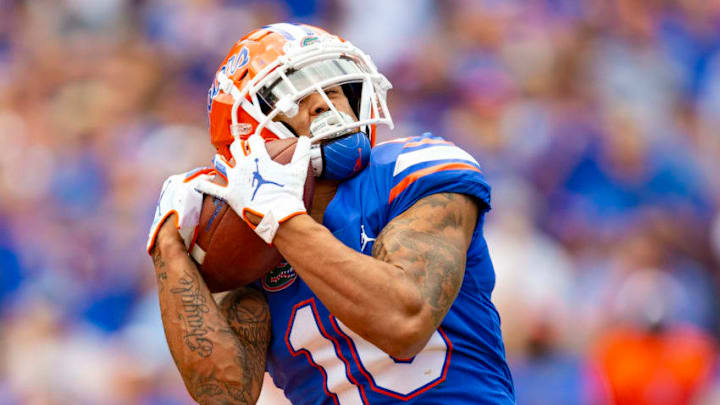 GAINESVILLE, FL- SEPTEMBER 21: Freddie Swain #16 of the Florida Gators makes a reception for a touchdown during the second half of the game against the Tennessee Volunteers at Ben Hill Griffin Stadium on September 21, 2019 in Gainesville, Florida. (Photo by Carmen Mandato/Getty Images)