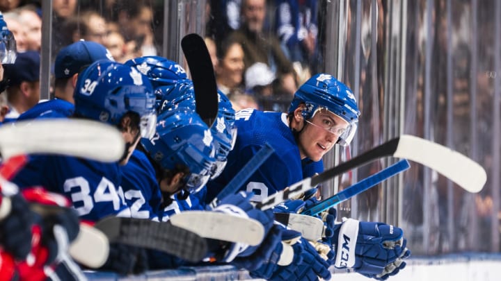 TORONTO, ON - OCTOBER 29: Tyson Barrie #94 of the Toronto Maple Leafs looks on from the bench against the Washington Capitals during the third period at the Scotiabank Arena on October 29, 2019 in Toronto, Ontario, Canada. (Photo by Mark Blinch/NHLI via Getty Images)