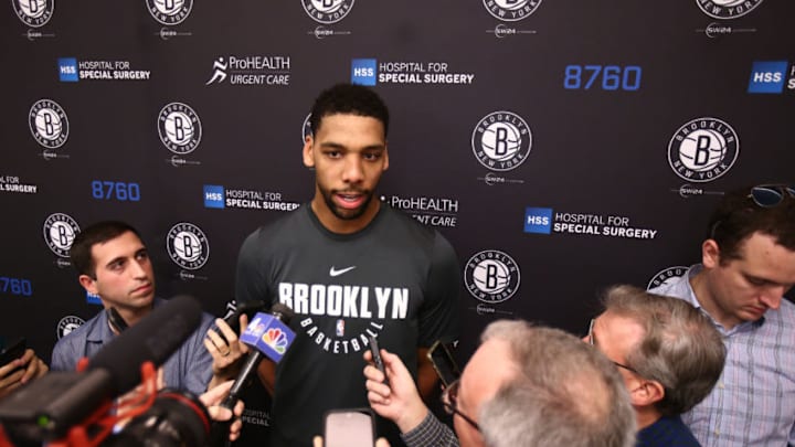 BROOKLYN, NY - DECEMBER 11: Jahlil Okafor #4 of the Brooklyn Nets talks to the media during a portrait shoot on December 11, 2017 at HSS Training Center in Brooklyn, New York. NOTE TO USER: User expressly acknowledges and agrees that, by downloading and or using this Photograph, user is consenting to the terms and conditions of the Getty Images License Agreement. Mandatory Copyright Notice: Copyright 2017 NBAE (Photo by Nathaniel S. Butler/NBAE via Getty Images)