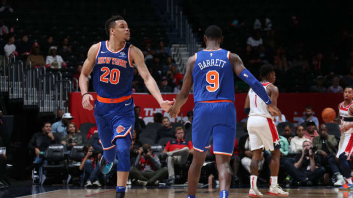 WASHINGTON, DC -  OCTOBER 7: Kevin Knox #20 of New York Knicks high-fives RJ Barrett #9 of New York Knicks against the Washington Wizards during the preseason on October 7, 2019 at Capital One Arena in Washington, DC. NOTE TO USER: User expressly acknowledges and agrees that, by downloading and or using this Photograph, user is consenting to the terms and conditions of the Getty Images License Agreement. Mandatory Copyright Notice: Copyright 2019 NBAE (Photo by Stephen Gosling/NBAE via Getty Images)