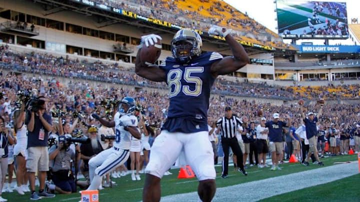 PITTSBURGH, PA - SEPTEMBER 03: Jester Weah #85 of the Pittsburgh Panthers celebrates after catching a 16 yard pass for a touchdown in the second half during the game against the Villanova Wildcats on September 3, 2016 at Heinz Field in Pittsburgh, Pennsylvania. (Photo by Justin K. Aller/Getty Images)