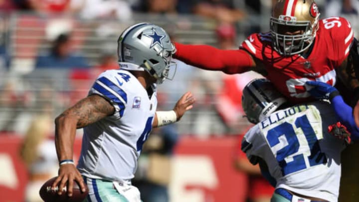 SANTA CLARA, CA – OCTOBER 22: Dak Prescott #4 of the Dallas Cowboys avoids the rush of Dekoda Watson #97 of the San Francisco 49ers during their NFL game at Levi’s Stadium on October 22, 2017 in Santa Clara, California. (Photo by Thearon W. Henderson/Getty Images)