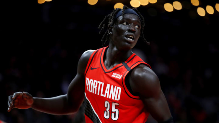 ATLANTA, GA - FEBRUARY 29: Wenyen Gabriel #35 of the Portland Trail Blazers rebounds during the second half of an NBA game against the Atlanta Hawks at State Farm Arena on February 29, 2020 in Atlanta, Georgia. NOTE TO USER: User expressly acknowledges and agrees that, by downloading and/or using this photograph, user is consenting to the terms and conditions of the Getty Images License Agreement. (Photo by Todd Kirkland/Getty Images)