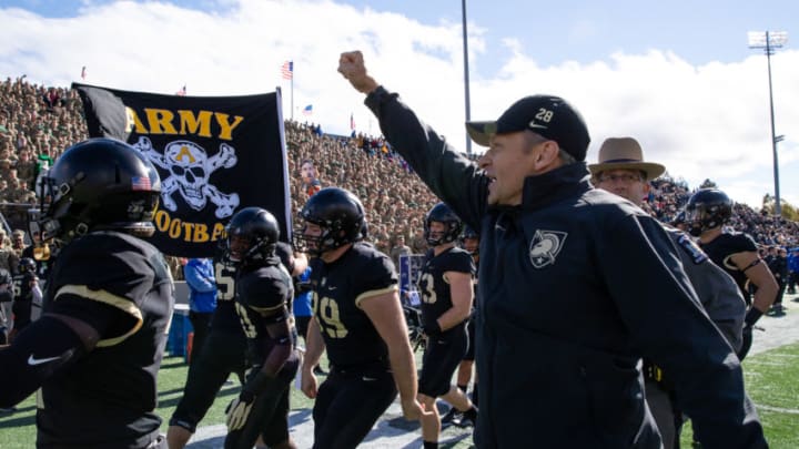 WEST POINT, NY - NOVEMBER 03: Jeff Monken, Head Coach of the Army Black Knights shouts at the United States Military Academy Corps of Cadets before the start fo a game against the Air Force Falcons at Michie Stadium on November 3, 2018 in West Point, New York. (Photo by Dustin Satloff/Getty Images)