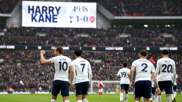 LONDON, ENGLAND - FEBRUARY 10: Harry Kane of Tottenham Hotspur celebrates after scoring his sides first goal during the Premier League match between Tottenham Hotspur and Arsenal at Wembley Stadium on February 10, 2018 in London, England. (Photo by Tottenham Hotspur FC/Tottenham Hotspur FC via Getty Images)