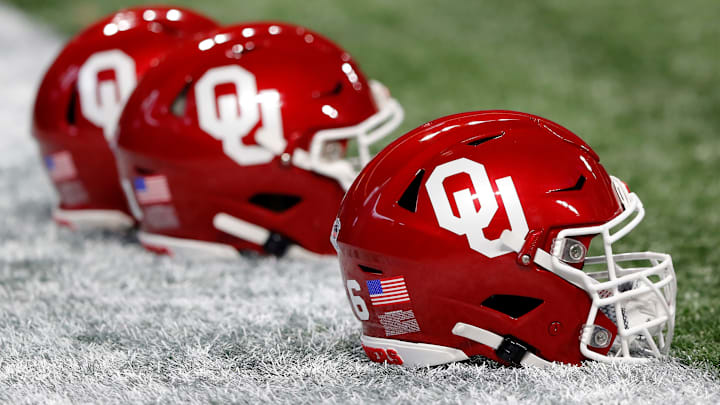 ATLANTA, GEORGIA – DECEMBER 28: Oklahoma Sooners helmets are seen prior to the Chick-fil-A Peach Bowl between the LSU Tigers and the Oklahoma Sooners at Mercedes-Benz Stadium on December 28, 2019 in Atlanta, Georgia. (Photo by Kevin C. Cox/Getty Images)