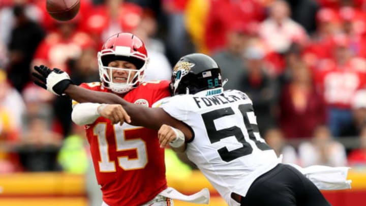 KANSAS CITY, MO – OCTOBER 07: Quarterback Patrick Mahomes #15 of the Kansas City Chiefs is hit by Dante Fowler #56 of the Jacksonville Jaguars during the game at Arrowhead Stadium on October 7, 2018 in Kansas City, Missouri. (Photo by Jamie Squire/Getty Images)