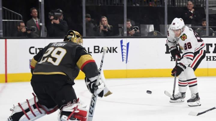 Marc-Andre Fleury #29 of the Vegas Golden Knights blocks a shot by Patrick Kane #88 of the Chicago Blackhawks. (Photo by Ethan Miller/Getty Images)