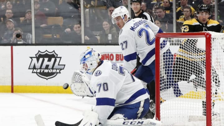 BOSTON, MA - FEBRUARY 28: Tampa Bay Lightning goalie Louis Domingue (70) makes a stop during a game between the Boston Bruins and the Tampa Bay Lightning on February 28, 2019, at TD Garden in Boston, Massachusetts. (Photo by Fred Kfoury III/Icon Sportswire via Getty Images)