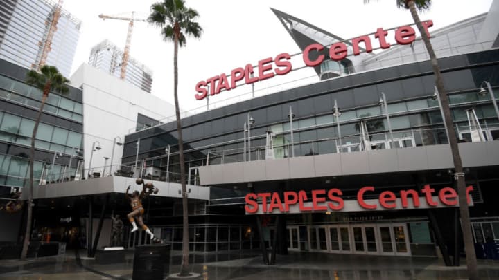 LOS ANGELES, CALIFORNIA - MARCH 12: Exterior of Staples Center after both the NHL and NBA postpone seasons due to corona virus concerns at Staples Center on March 12, 2020 in Los Angeles, California. (Photo by Harry How/Getty Images)