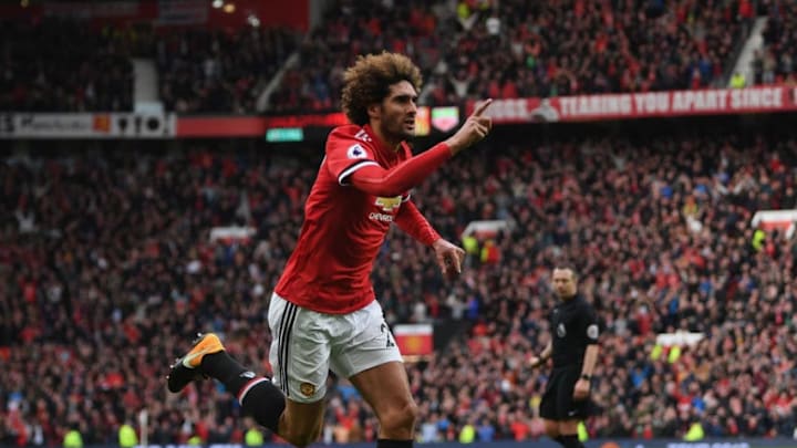 MANCHESTER, ENGLAND - APRIL 29: Marouane Fellaini of Manchester United celebrates after scoring his sides second goal during the Premier League match between Manchester United and Arsenal at Old Trafford on April 29, 2018 in Manchester, England. (Photo by Shaun Botterill/Getty Images)