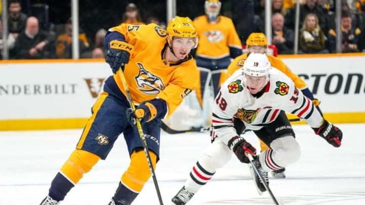 NASHVILLE, TN - NOVEMBER 16: Matt Duchene #95 of the Nashville Predators skates against the Chicago Blackhawks at Bridgestone Arena on November 16, 2019 in Nashville, Tennessee. (Photo by John Russell/NHLI via Getty Images)