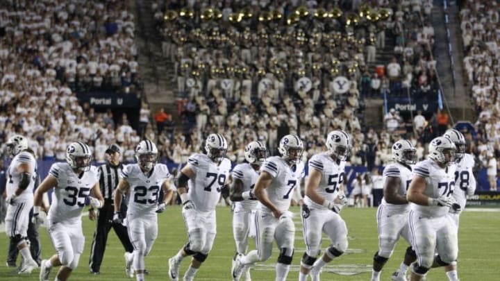 PROVO, UT - SEPTEMBER 30: Brigham Young Cougars break the huddle during the first half at a college football game against the Toledo Rockets at Lavell Edwards Stadium on September 30, 2016 in Provo, Utah. (Photo by George Frey/Getty Images)