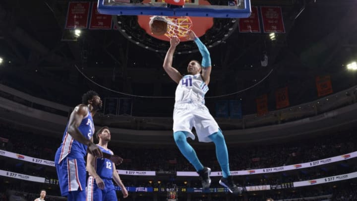 PHILADELPHIA,PA - MARCH 19 : Willy Hernangomez #41 of the Charlotte Hornets dunks the ball against the Philadelphia 76ers at Wells Fargo Center on March 19, 2018 in Philadelphia, Pennsylvania NOTE TO USER: User expressly acknowledges and agrees that, by downloading and/or using this Photograph, user is consenting to the terms and conditions of the Getty Images License Agreement. Mandatory Copyright Notice: Copyright 2018 NBAE (Photo by Jesse D. Garrabrant/NBAE via Getty Images)