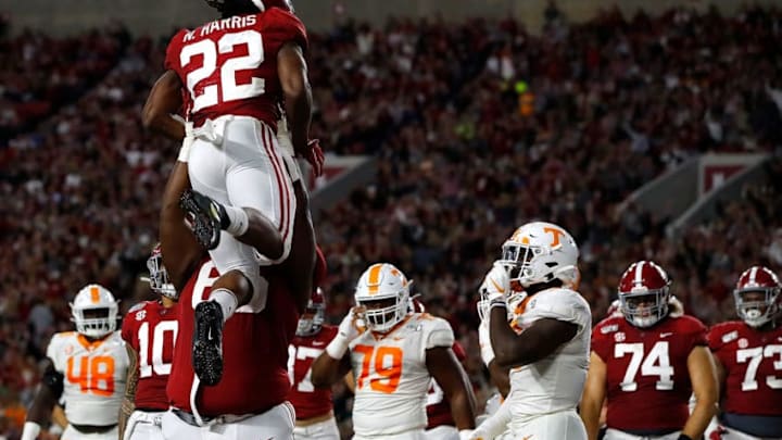 TUSCALOOSA, ALABAMA - OCTOBER 19: Najee Harris #22 of the Alabama Crimson Tide reacts after rushing for a touchdown in the first half against the Tennessee Volunteers with Deonte Brown #65 at Bryant-Denny Stadium on October 19, 2019 in Tuscaloosa, Alabama. (Photo by Kevin C. Cox/Getty Images)
