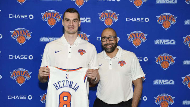 LAS VEGAS, NV - JULY 10: Mario Hezonja and Head Coach David Fizdale of the New York Knicks poses for a photo announcing Mario's signing on July 10, 2018 at Thomas and Mack Center in Las Vegas, Nevada. NOTE TO USER: User expressly acknowledges and agrees that, by downloading and or using this photograph, User is consenting to the terms and conditions of the Getty Images License Agreement. Mandatory Copyright Notice: Copyright 2018 NBAE (Photo by David Dow/NBAE via Getty Images)