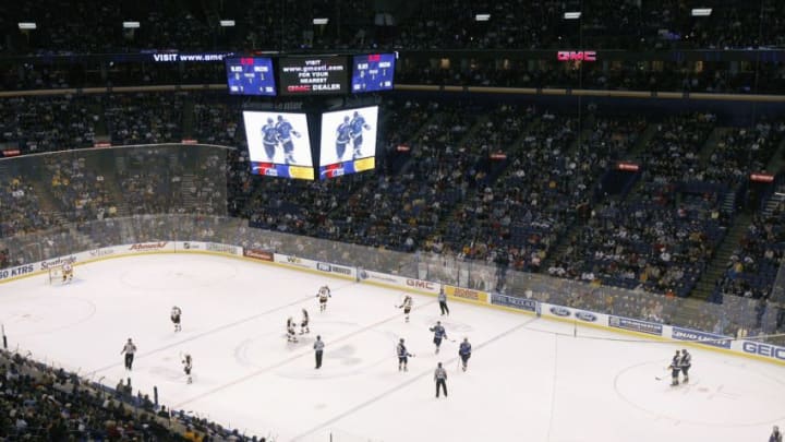 ST. LOUIS - OCTOBER 12: General interior view of the scoreboard and ice at Scottrade Center during the NHL game between the Boston Bruins and the St. Louis Blues on October 12, 2006 in St. Louis, Missouri. The Blues beat the Bruins 3-2 in a shootout. (Photo by Dilip Vishwanat/Getty Images)