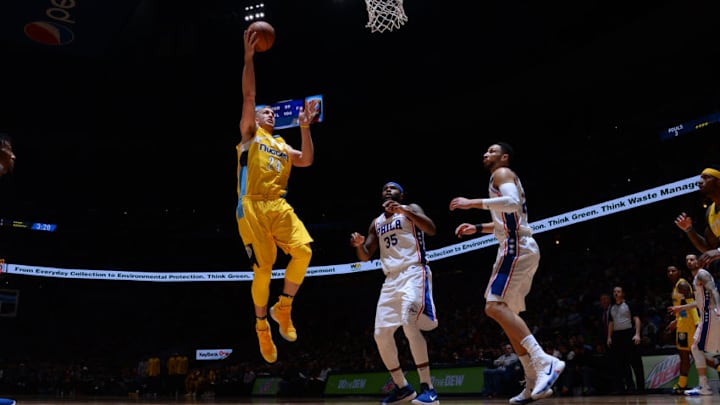 DENVER, CO - DECEMBER 30: Mason Plumlee #24 of the Denver Nuggets shoots the ball against the Philadelphia 76ers on December 30, 2017 at the Pepsi Center in Denver, Colorado. NOTE TO USER: User expressly acknowledges and agrees that, by downloading and/or using this Photograph, user is consenting to the terms and conditions of the Getty Images License Agreement. Mandatory Copyright Notice: Copyright 2017 NBAE (Photo by Bart Young/NBAE via Getty Images)