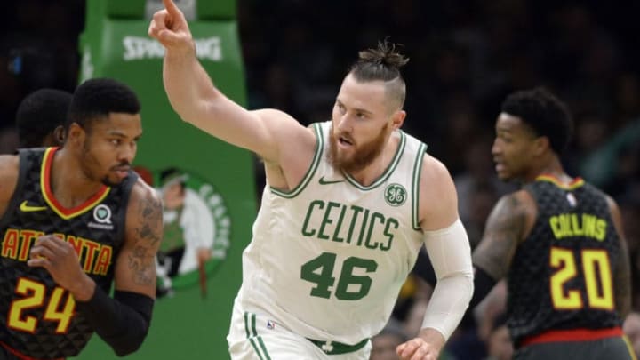 BOSTON, MA - DECEMBER 14: Aron Baynes #46 of the Boston Celtics celebrates after scoring against the Atlanta Hawks during the first quarter of an NBA basketball game at TD Garden in Boston, Massachusetts on December 14, 2018. (Photo By Christopher Evans/Digital First Media/Boston Herald via Getty Images)