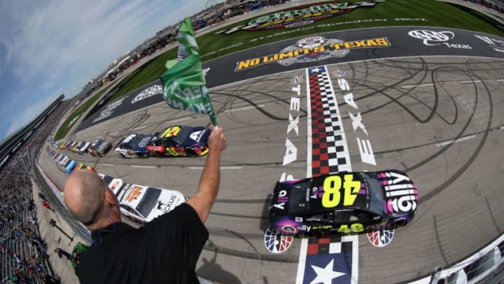 FORT WORTH, TX - MARCH 31: Jimmie Johnson, driver of the #48 Ally Chevrolet, leads the field at the start of the Monster Energy NASCAR Cup Series O'Reilly Auto Parts 500 at Texas Motor Speedway on March 31, 2019 in Fort Worth, Texas. (Photo by Matt Sullivan/Getty Images)