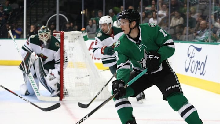 DALLAS, TX - SEPTEMBER 24: Tyler Pitlick #18 of the Dallas Stars skates the puck against the Minnesota Wild during a preseason game at American Airlines Center on September 24, 2018 in Dallas, Texas. (Photo by Ronald Martinez/Getty Images)