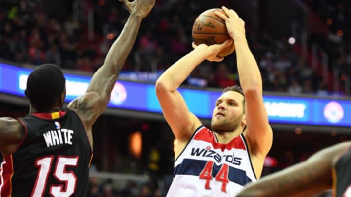 Apr 8, 2017; Washington, DC, USA; Washington Wizards guard Bojan Bogdanovic (44) shoots over Miami Heat forward Okaro White (15) during the second half at Verizon Center. Mandatory Credit: Brad Mills-USA TODAY Sports