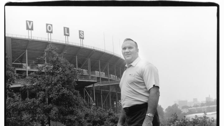 KNOXVILLE, TN – 1983: Hall of Fame football player Doug Atkins poses for a photo in front of Neyland Stadium in 1983 in Knoxville, Tennessee. (Photo by Michael Zagaris/Getty Images)