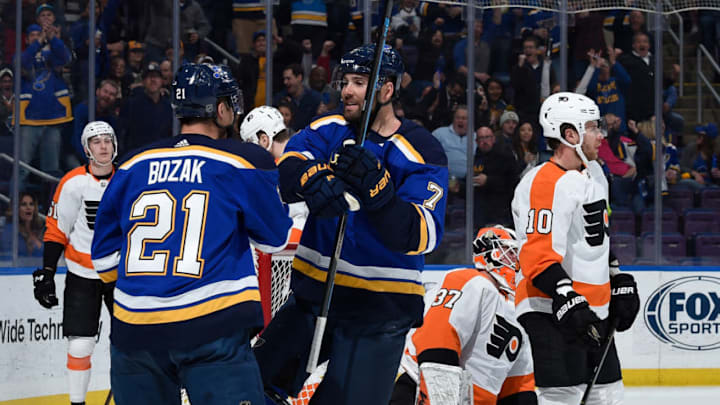 ST. LOUIS, MO - APRIL 4: Pat Maroon #7 of the St. Louis Blues is congratulated by Tyler Bozak #21 of the St. Louis Blues after scoring a goal against the Philadelphia Flyers at Enterprise Center on April 4, 2019 in St. Louis, Missouri. (Photo by Joe Puetz/NHLI via Getty Images)