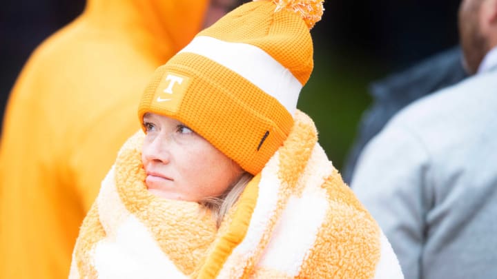 A fan bundles up during a game between Tennessee and Missouri in Neyland Stadium, Saturday, Nov. 12, 2022.Volsmizzou1112 1824