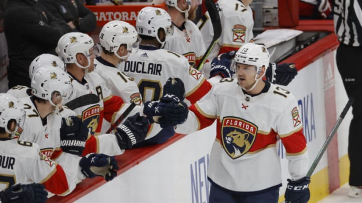 May 9, 2022; Washington, District of Columbia, USA; Florida Panthers center Sam Reinhart (13) celebrates with teammates after scoring the game-tying goal against the Washington Capitals in the third period in game four of the first round of the 2022 Stanley Cup Playoffs at Capital One Arena. Mandatory Credit: Geoff Burke-USA TODAY Sports