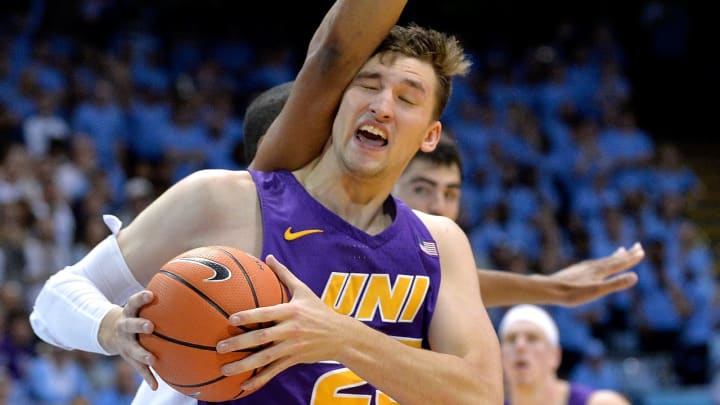 CHAPEL HILL, NC – NOVEMBER 10: Bennett Koch #25 of the Northern Iowa Panthers takes an elbow to the head during their game against the North Carolina Tar Heels at the Dean Smith Center on November 10, 2017 in Chapel Hill, North Carolina. (Photo by Grant Halverson/Getty Images)