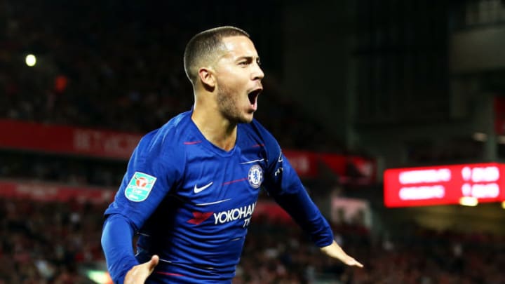 LIVERPOOL, ENGLAND - SEPTEMBER 26: Eden Hazard of Chelsea celebrates after he scores his sides second goal during the Carabao Cup Third Round match between Liverpool and Chelsea at Anfield on September 26, 2018 in Liverpool, England. (Photo by Jan Kruger/Getty Images)