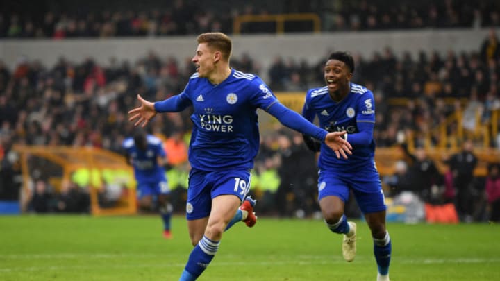 WOLVERHAMPTON, ENGLAND - JANUARY 19: Harvey Barnes of Leicester City celebrates with teammate Demarai Gray after scoring his teams second goal during the Premier League match between Wolverhampton Wanderers and Leicester City at Molineux on January 19, 2019 in Wolverhampton, United Kingdom. (Photo by Michael Regan/Getty Images)