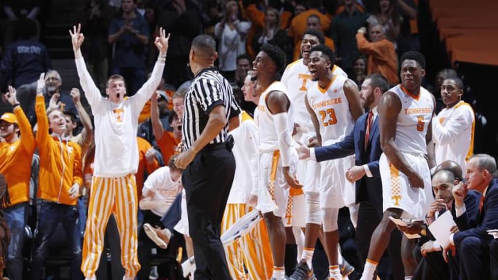 KNOXVILLE, TN - JANUARY 06: Tennessee Volunteers players react from the bench in the second half of a game against the Kentucky Wildcats at Thompson-Boling Arena on January 6, 2018 in Knoxville, Tennessee. Tennessee defeated Kentucky 76-65. (Photo by Joe Robbins/Getty Images)