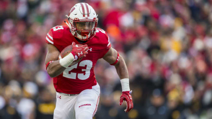 MADISON, WI - NOVEMBER 11: Wisconsin Badger running back Jonathan Taylor (23) runs towards the sideline durning an college football game between the Iowa Hawkeyes and the Wisconsin Badgers on November 11th, 2017 at Camp Randall Stadium in Madison, WI. (Photo by Dan Sanger/Icon Sportswire via Getty Images)