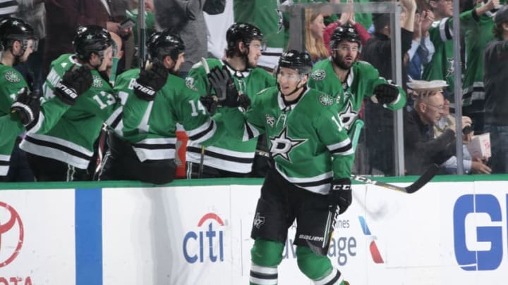 DALLAS, TX - MARCH 3: Tyler Pitlick #18 of the Dallas Stars celebrates a goal against the St. Louis Blues at the American Airlines Center on March 3, 2018 in Dallas, Texas. (Photo by Glenn James/NHLI via Getty Images)