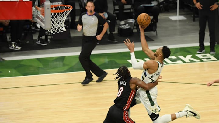 NBA Miami Heat Trevor Ariza defends Giannis (Photo by Quinn Harris/Getty Images) NBA Miami Heat Trevor Ariza defends Giannis (Photo by Quinn Harris/Getty Images)