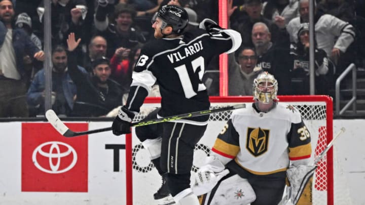 Dec 27, 2022; Los Angeles, California, USA; Los Angeles Kings right wing Gabriel Vilardi (13) celebrates after scoring a goal past Vegas Golden Knights goaltender Logan Thompson (36) in the first period at Crypto.com Arena. Mandatory Credit: Jayne Kamin-Oncea-USA TODAY Sports