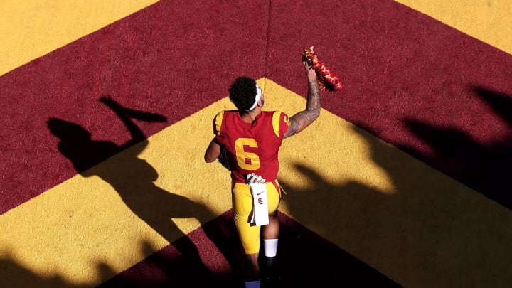LOS ANGELES, CALIFORNIA – NOVEMBER 23: Michael Pittman Jr. #6 of the USC Trojans runs onto the field prior to a game against the UCLA Bruins at Los Angeles Memorial Coliseum on November 23, 2019 in Los Angeles, California. (Photo by Sean M. Haffey/Getty Images)