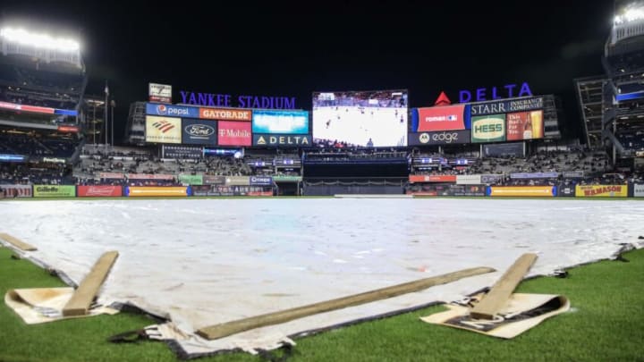 Oct 23, 2022; Bronx, New York, USA; General view of home plate with during a weather delay before the game between the New York Yankees and the Houston Astros during game four of the ALCS for the 2022 MLB Playoffs at Yankee Stadium. Mandatory Credit: Wendell Cruz-USA TODAY Sports