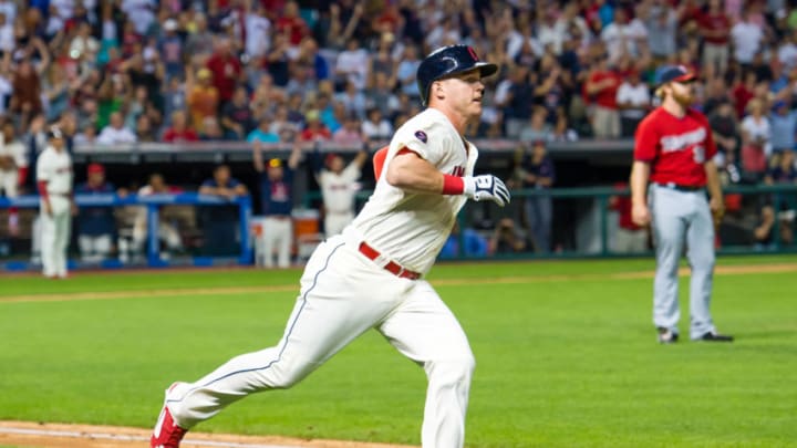 CLEVELAND, OH - AUGUST 8: Jerry Sands #40 of the Cleveland Indians rounds the bases after hitting a grand slam home run during the fifth inning against relief pitcher Blaine Boyer #36 of the Minnesota Twins at Progressive Field on August 8, 2015 in Cleveland, Ohio. The Twins defeated the Indians 10-9. (Photo by Jason Miller/Getty Images)